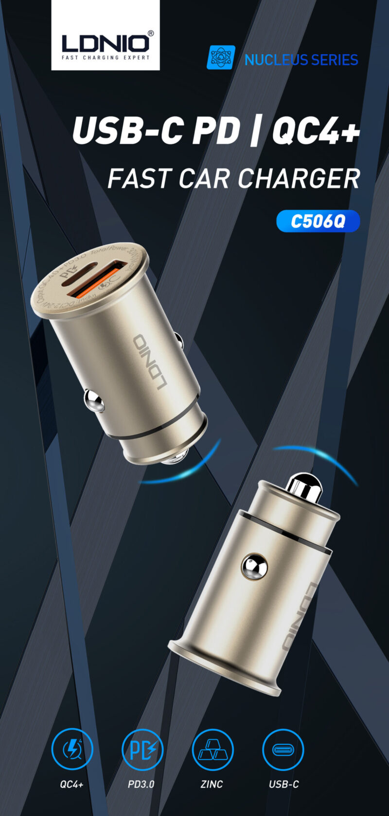 Istylei.com LDNIO 30W ULTRA Mini Zinc Alloy Material - QC4+/PD 3.0 Quick Charge Universal Car Charger - C506Q