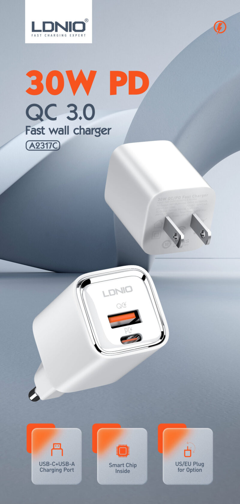 Istylei.com LDNIO Fast Wall Charger With USB Type C Ports 30W with EU 4.8 plug White A2317C