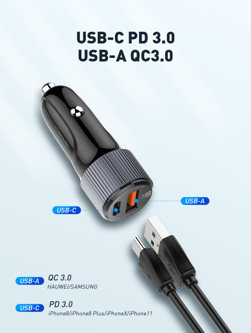 Istylei.com LDNIO Car Charger 36W High Power QC4+ USB C PD Type C cable - C510Q