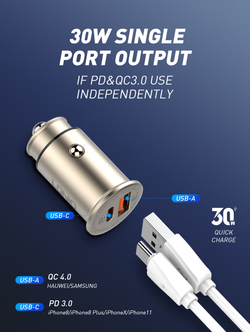 Istylei.com LDNIO 30W ULTRA Mini Zinc Alloy Material - QC4+/PD 3.0 Quick Charge Universal Car Charger - C506Q