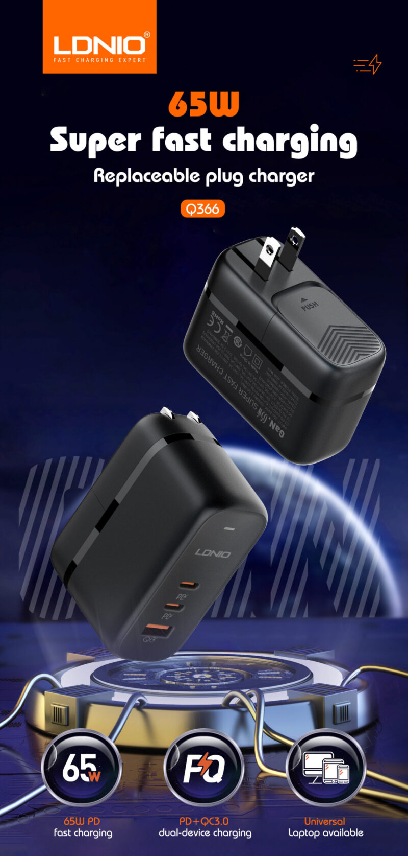 Istylei.com LDNIO GaN 65W fast charger ,with EU/UK/US plug , with type c to type c cable -Q366