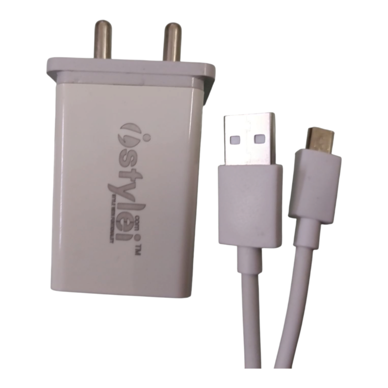 Istylei.com Mobile Phone Charger Adapter with USB Cable, 2 Pin Indian Plug, Micro USB, White ISC-A022